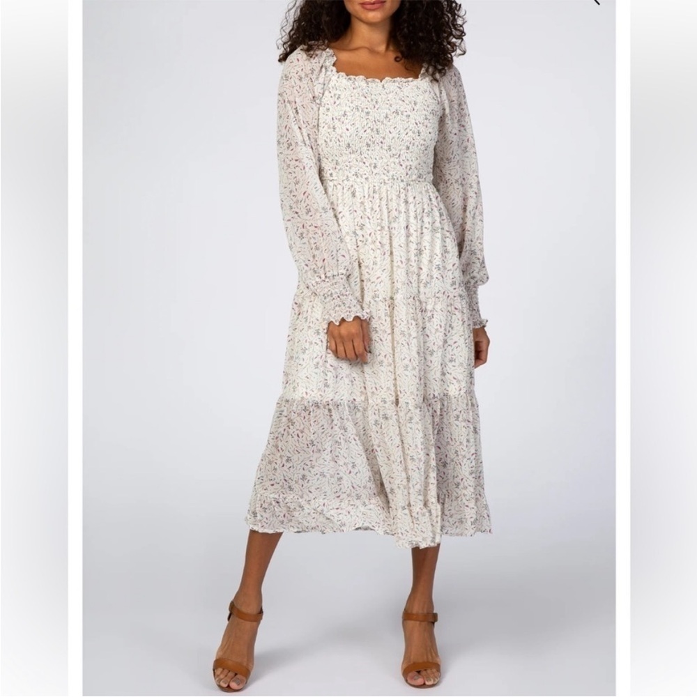 Peasant Dress Cream Floral Smocked Front &merci Size Medium Cottagecore